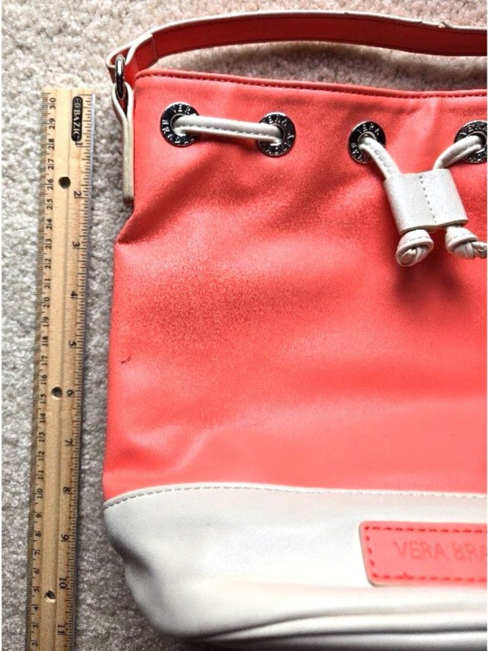 Vera Bradley BUCKET Crossbody Coral & White Faux Leather Drawstring Bag Purse - Picture 6 of 11